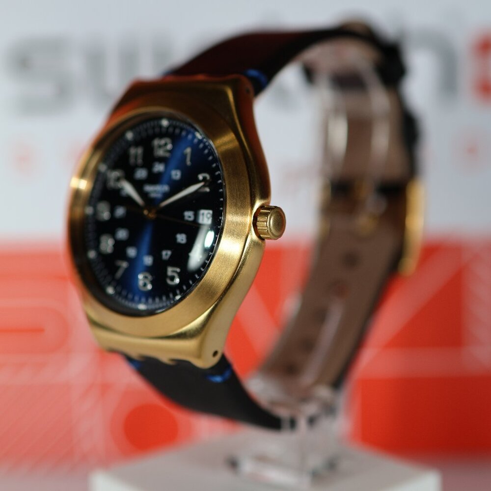 Limited Swiss Swatch Made Irony Gold Colored Blue Happy Joe Golden YWG408 41MM - Picture 7 of 10